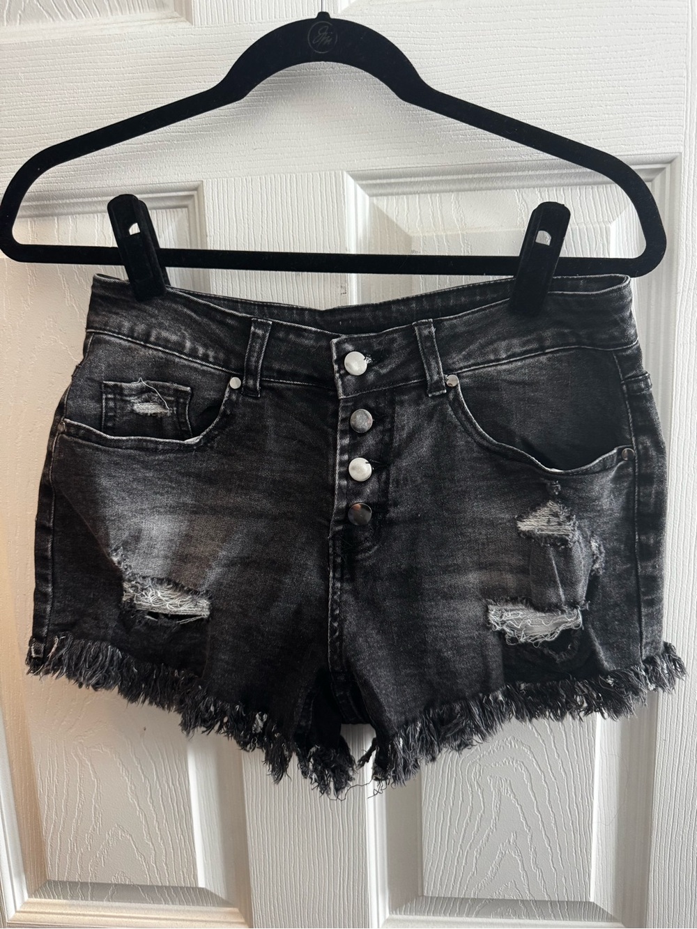 Distressed Black Denim Shorts